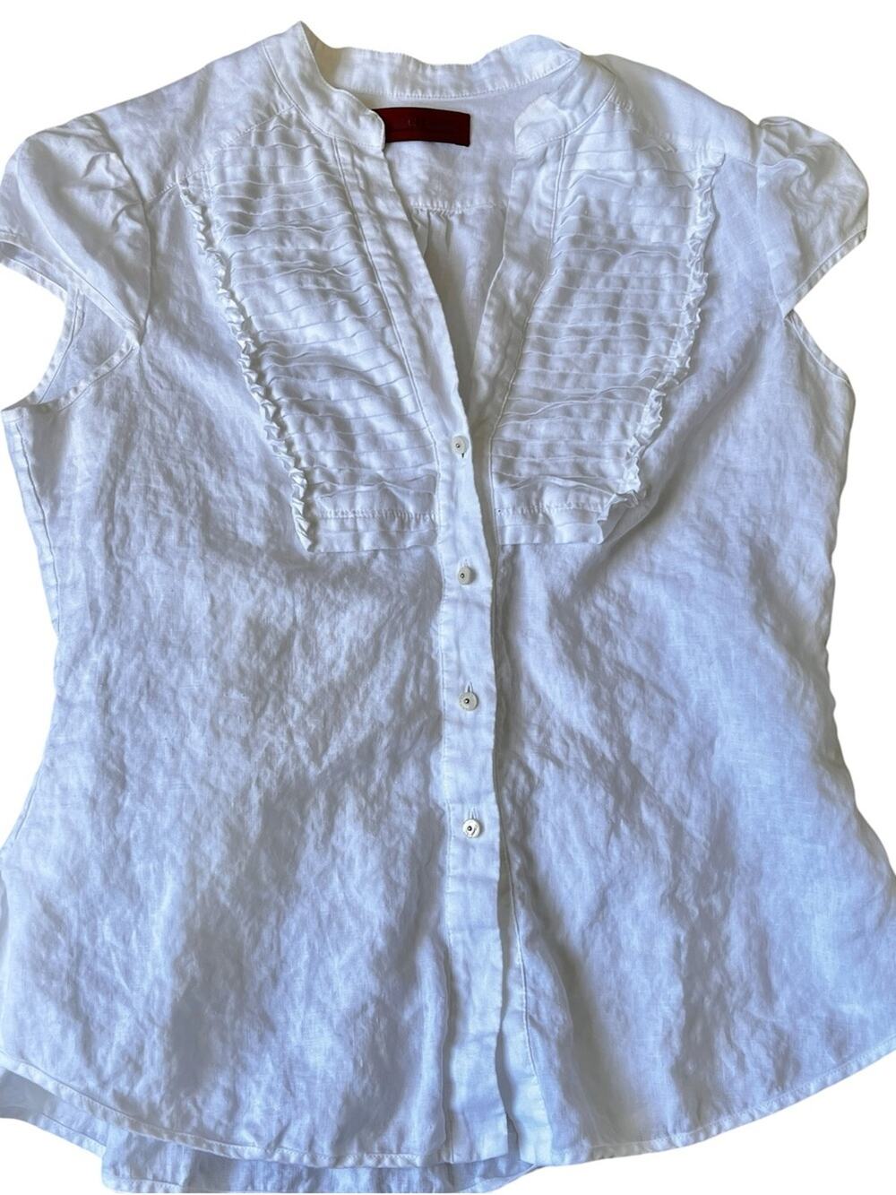 Carolina Herrera white linen pleated ruffle front blouse size 12